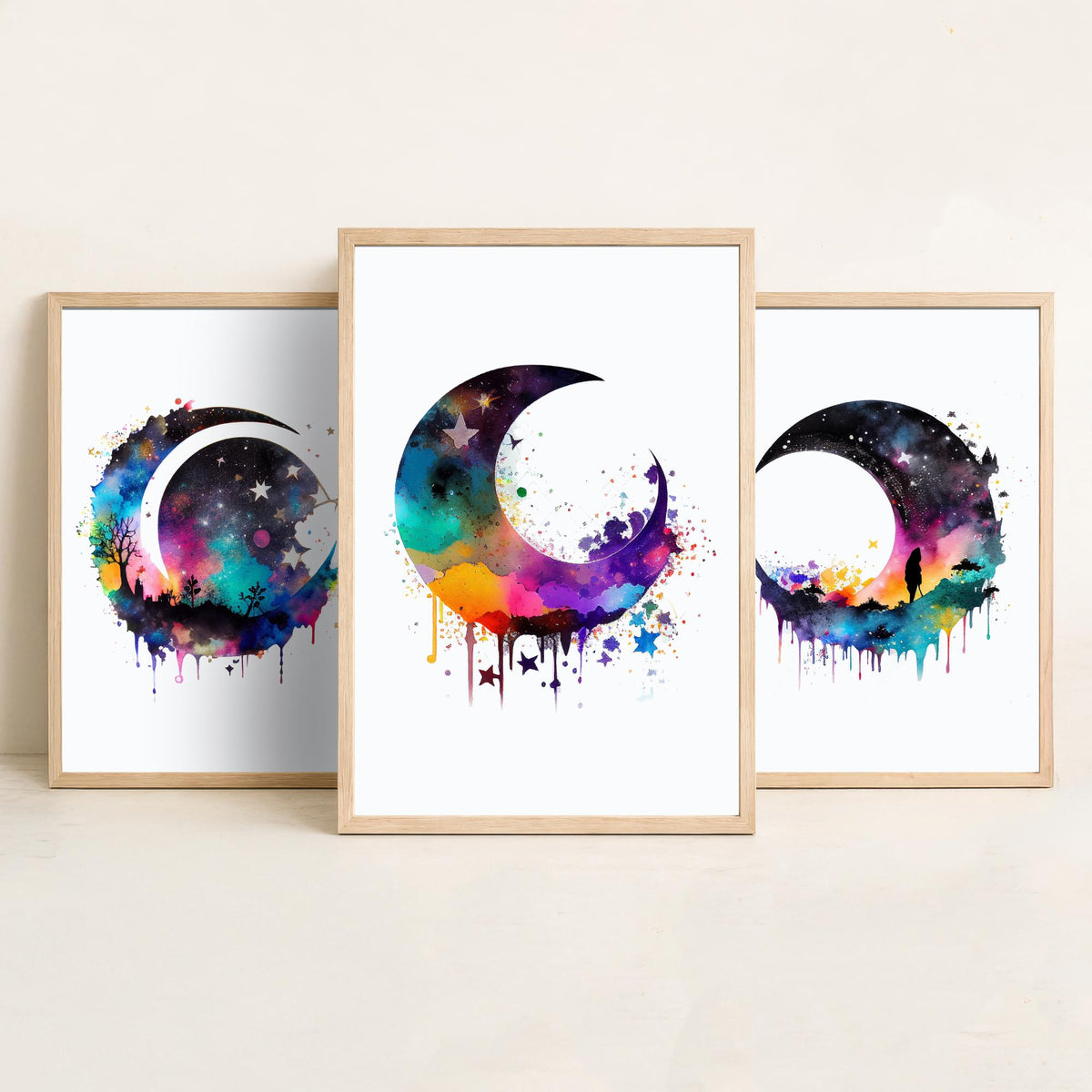 Moon and Stars Watercolour Set of Three Art Prints - Galaxy Crescent Moons - Rainbow Celestial Poster Painting