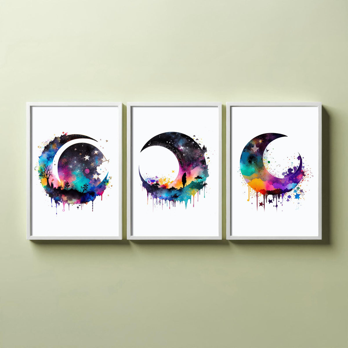 Moon and Stars Watercolour Set of Three Art Prints - Galaxy Crescent Moons - Rainbow Celestial Poster Painting