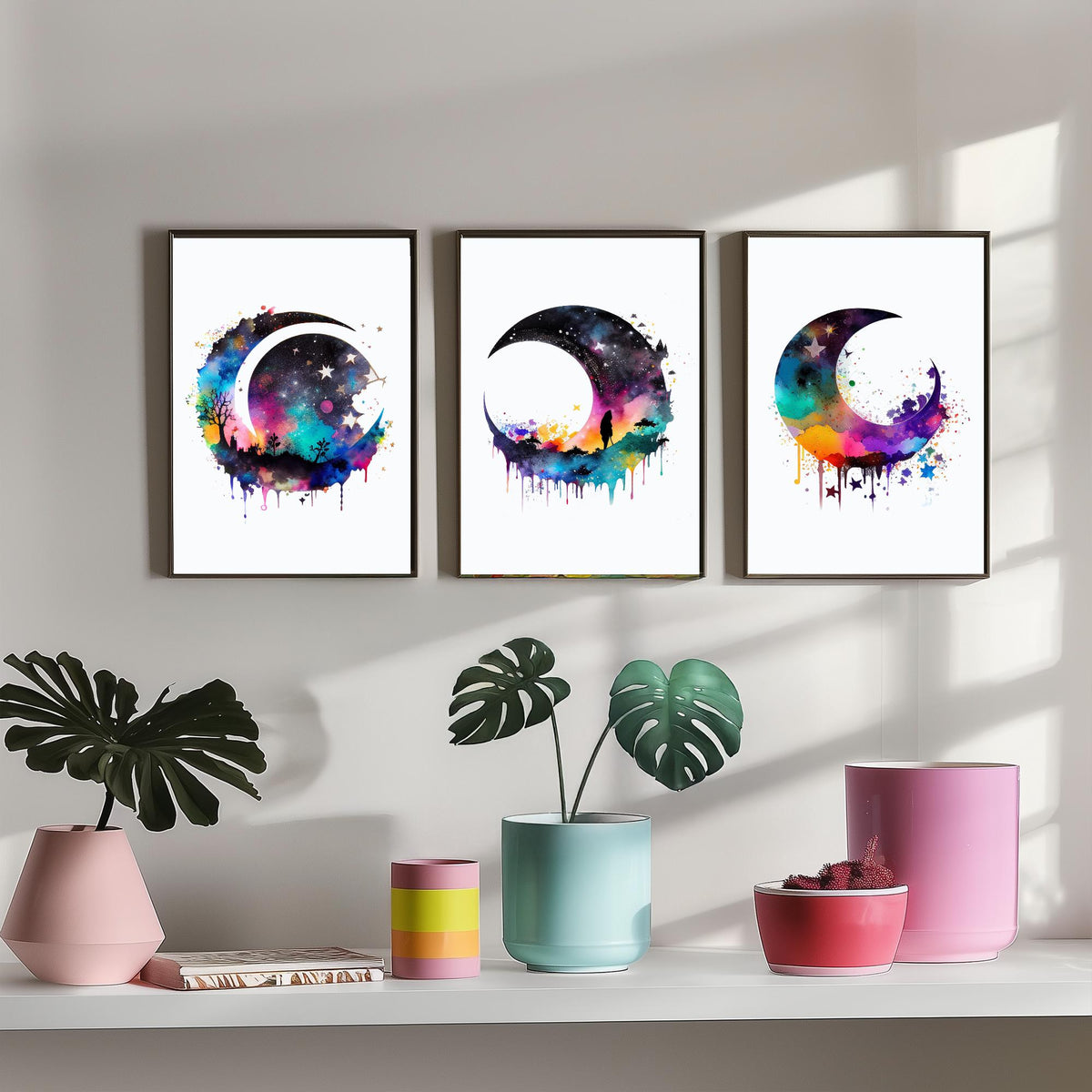 Moon and Stars Watercolour Set of Three Art Prints - Galaxy Crescent Moons - Rainbow Celestial Poster Painting