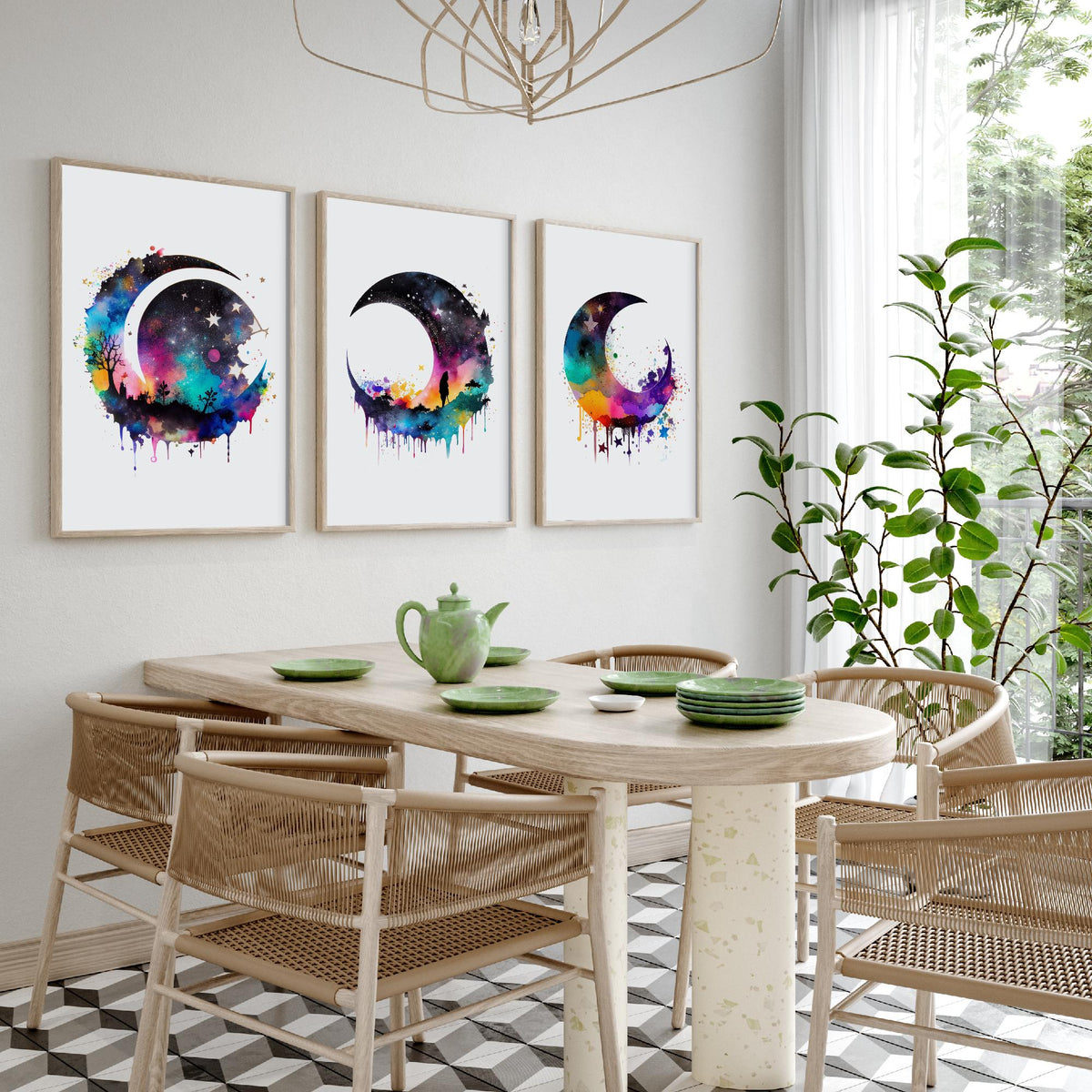 Moon and Stars Watercolour Set of Three Art Prints - Galaxy Crescent Moons - Rainbow Celestial Poster Painting