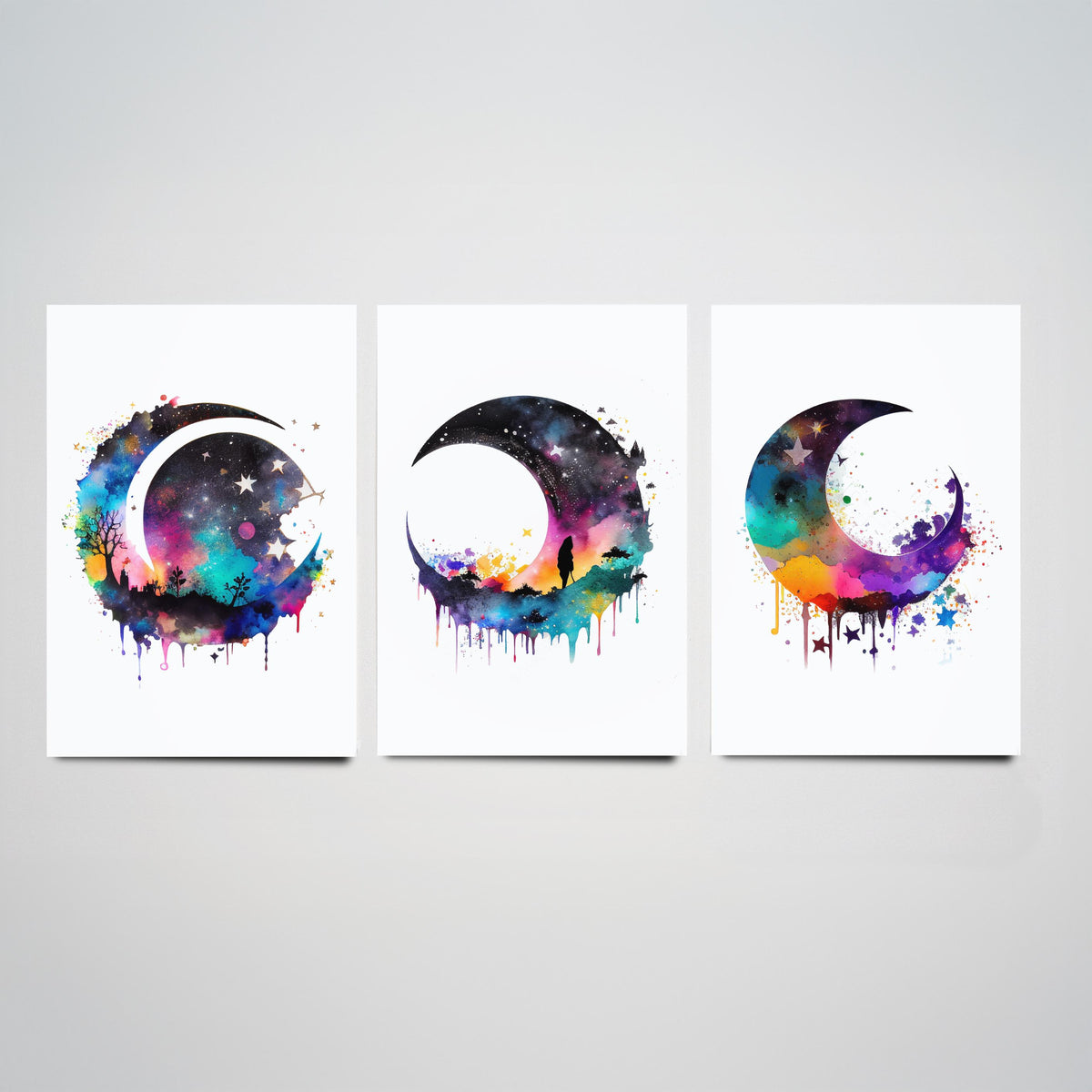 Moon and Stars Watercolour Set of Three Art Prints - Galaxy Crescent Moons - Rainbow Celestial Poster Painting