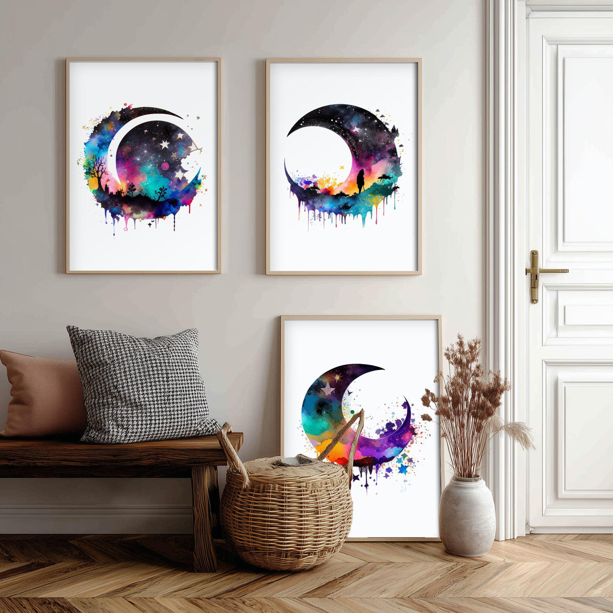 Moon and Stars Watercolour Set of Three Art Prints - Galaxy Crescent Moons - Rainbow Celestial Poster Painting