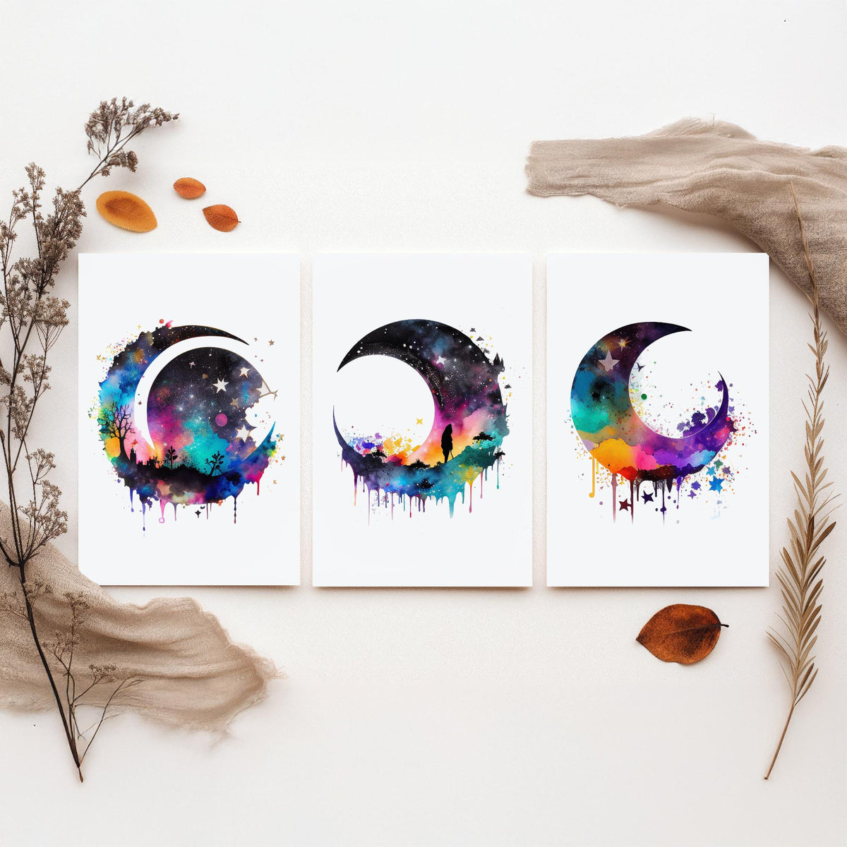 Moon and Stars Watercolour Set of Three Art Prints - Galaxy Crescent Moons - Rainbow Celestial Poster Painting