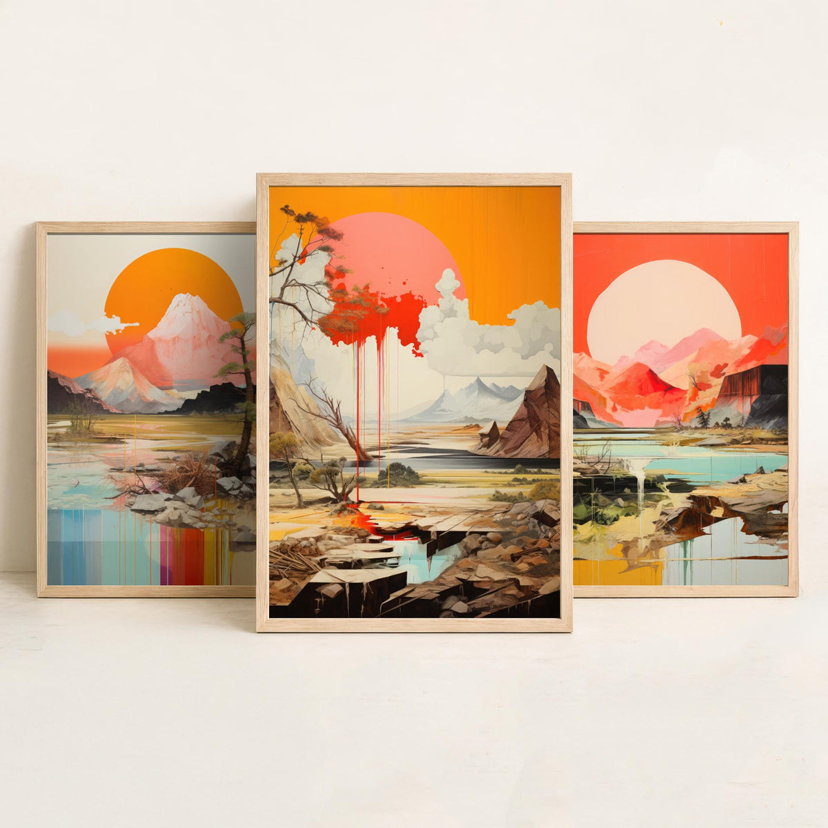 Sun and Mountain Collage Set of Three Art Prints - Orange Suns over Rocky Landscapes - Abstract Collage Illustration Poster