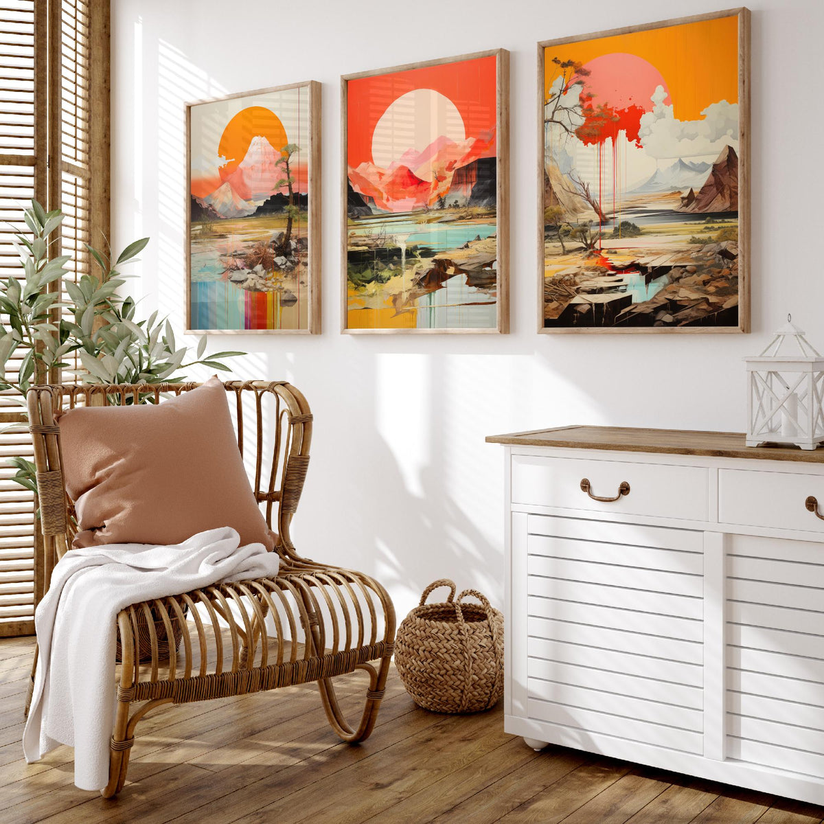 Sun and Mountain Collage Set of Three Art Prints - Orange Suns over Rocky Landscapes - Abstract Collage Illustration Poster