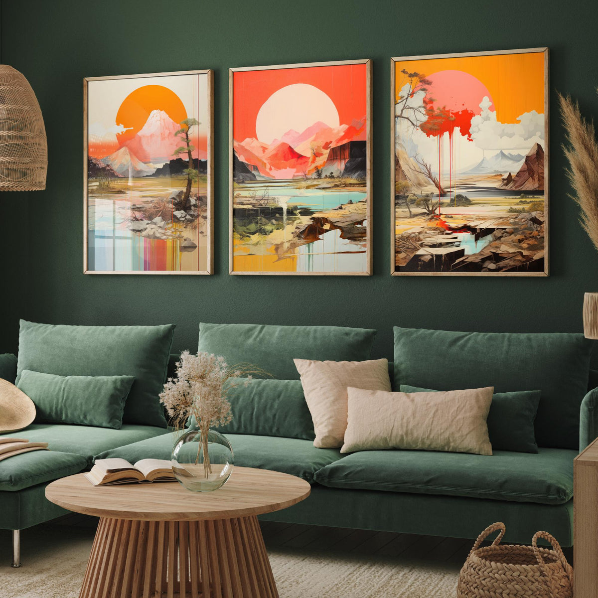 Sun and Mountain Collage Set of Three Art Prints - Orange Suns over Rocky Landscapes - Abstract Collage Illustration Poster