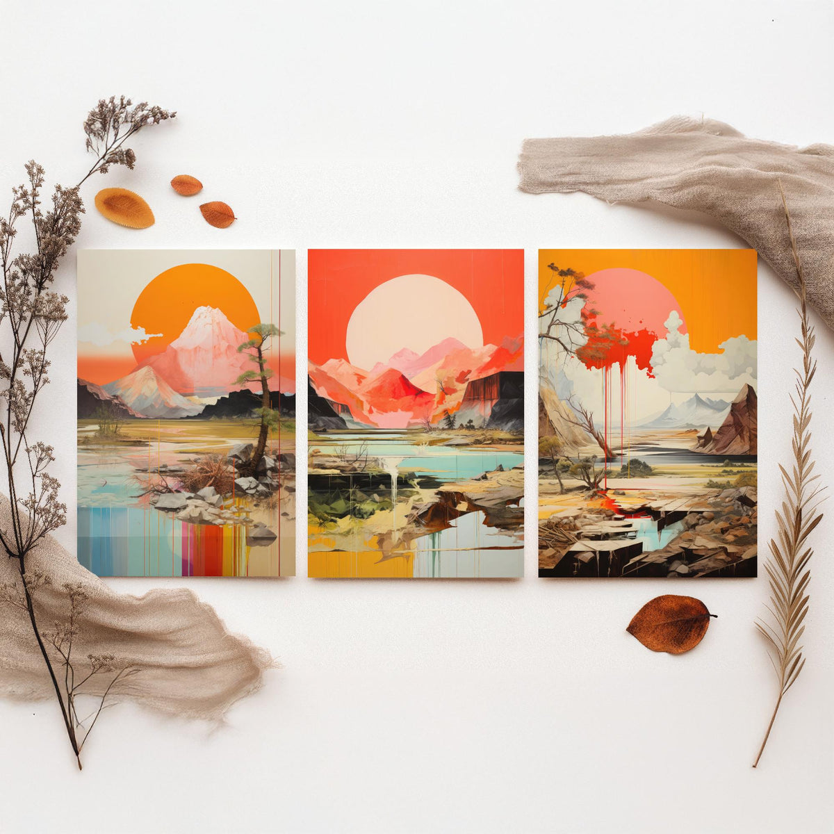 Sun and Mountain Collage Set of Three Art Prints - Orange Suns over Rocky Landscapes - Abstract Collage Illustration Poster