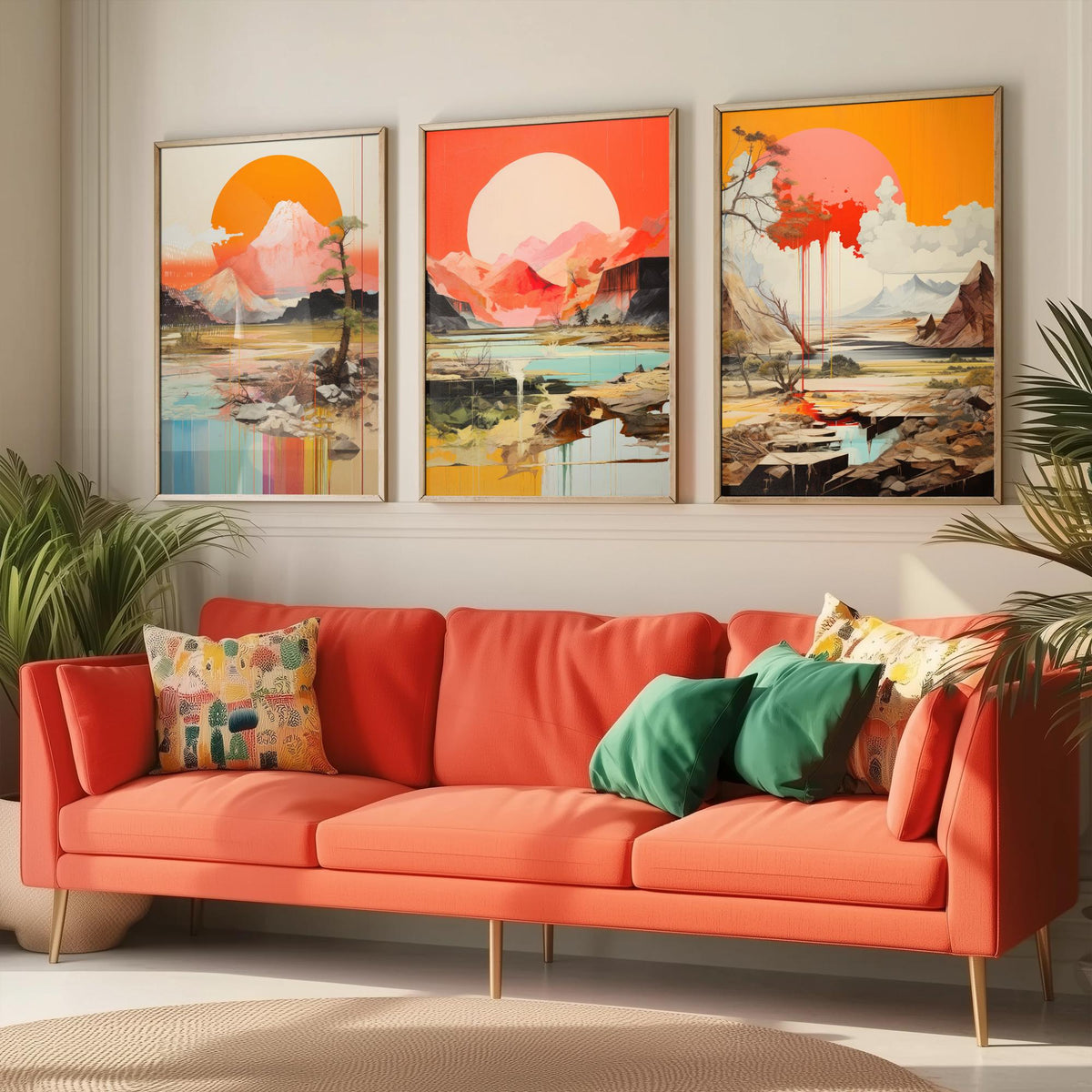 Sun and Mountain Collage Set of Three Art Prints - Orange Suns over Rocky Landscapes - Abstract Collage Illustration Poster