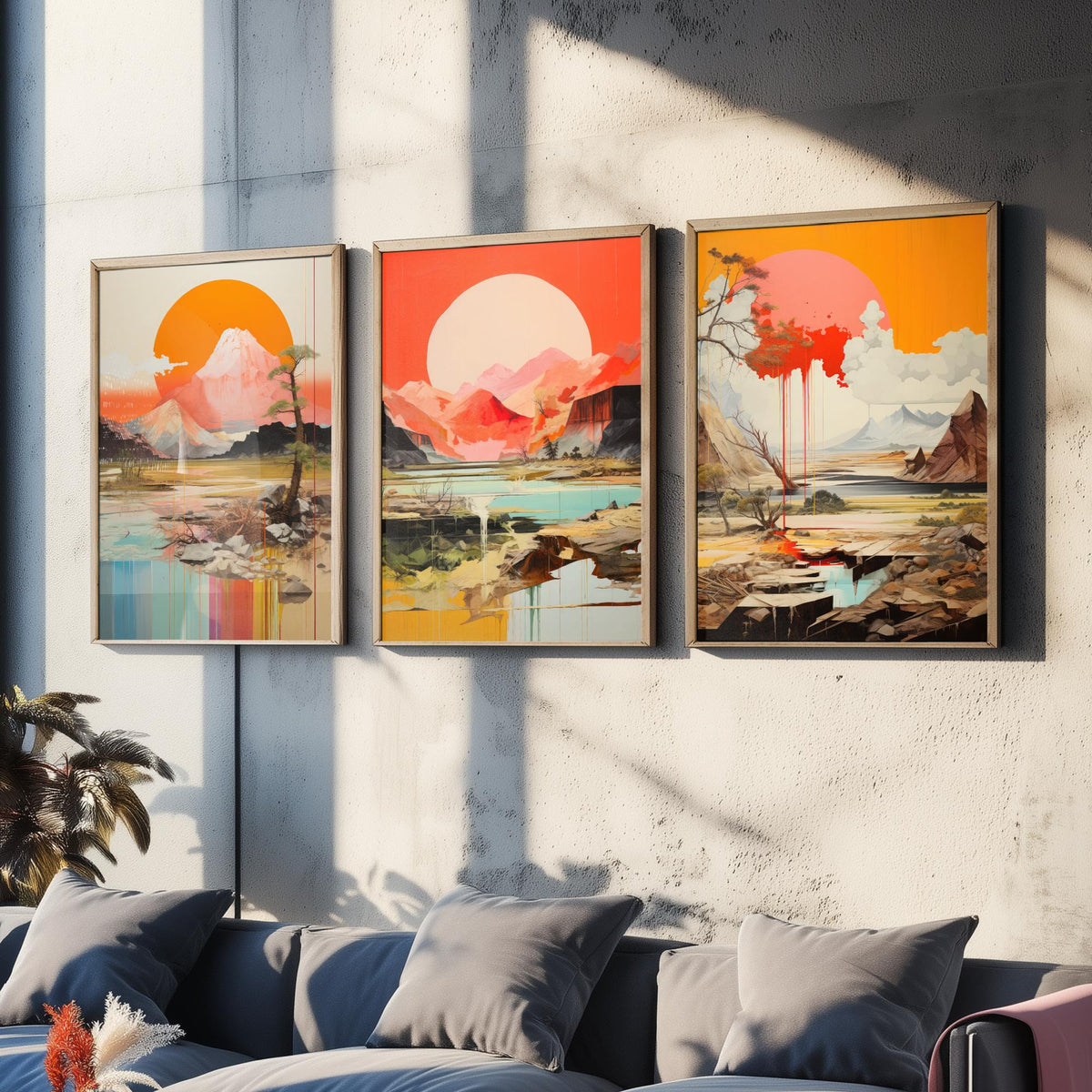 Sun and Mountain Collage Set of Three Art Prints - Orange Suns over Rocky Landscapes - Abstract Collage Illustration Poster