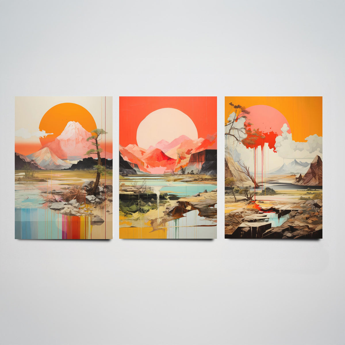Sun and Mountain Collage Set of Three Art Prints - Orange Suns over Rocky Landscapes - Abstract Collage Illustration Poster