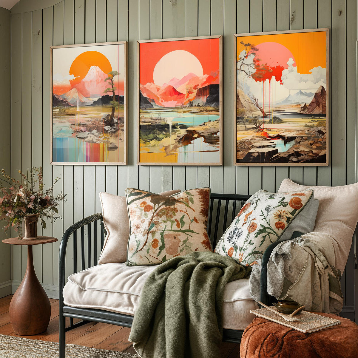 Sun and Mountain Collage Set of Three Art Prints - Orange Suns over Rocky Landscapes - Abstract Collage Illustration Poster