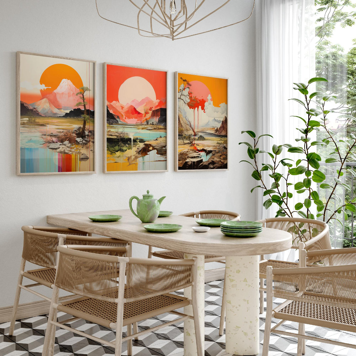 Sun and Mountain Collage Set of Three Art Prints - Orange Suns over Rocky Landscapes - Abstract Collage Illustration Poster