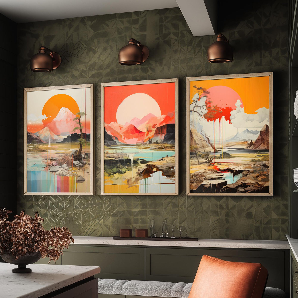 Sun and Mountain Collage Set of Three Art Prints - Orange Suns over Rocky Landscapes - Abstract Collage Illustration Poster