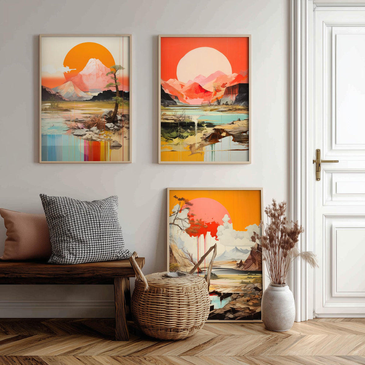 Sun and Mountain Collage Set of Three Art Prints - Orange Suns over Rocky Landscapes - Abstract Collage Illustration Poster