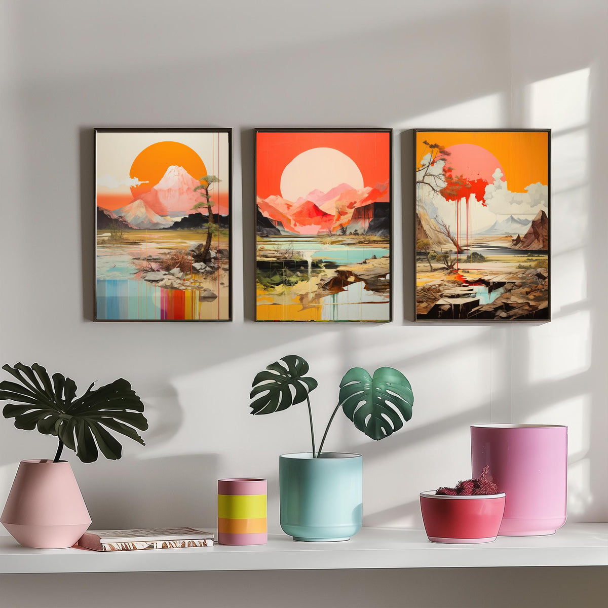 Sun and Mountain Collage Set of Three Art Prints - Orange Suns over Rocky Landscapes - Abstract Collage Illustration Poster
