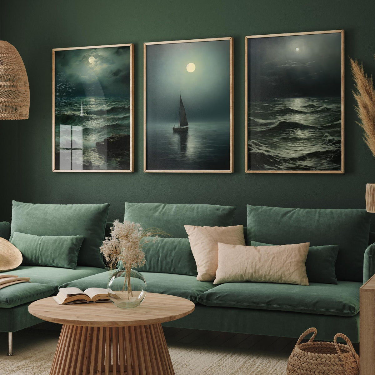 Moonlight Ocean Set of Three Art Prints - Moonlit Waves and a Lone Sailing Boat - Dark Seascape Painting Poster