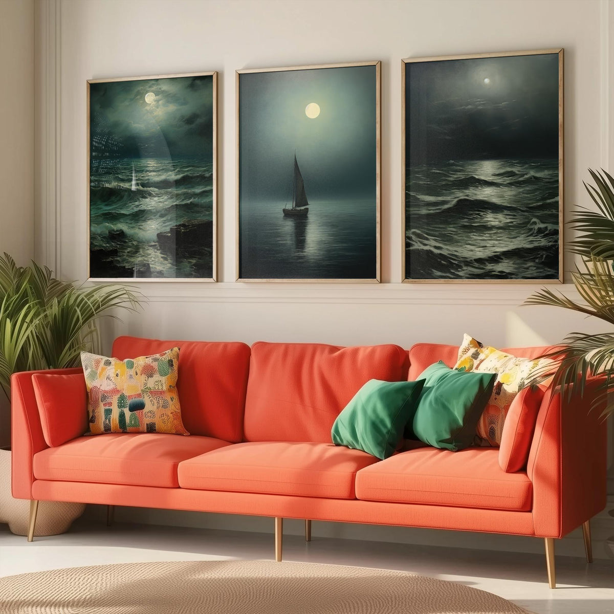 Moonlight Ocean Set of Three Art Prints - Moonlit Waves and a Lone Sailing Boat - Dark Seascape Painting Poster