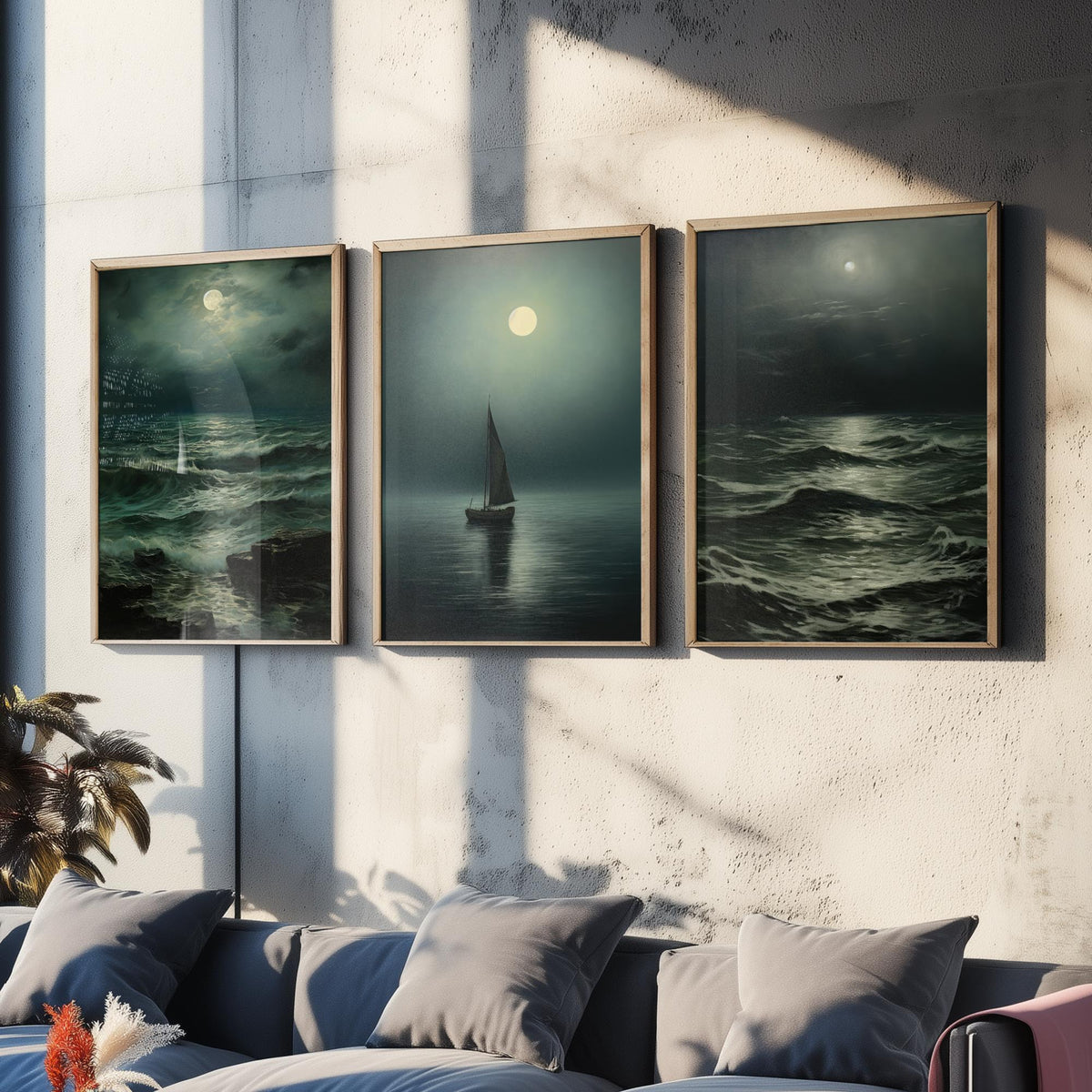 Moonlight Ocean Set of Three Art Prints - Moonlit Waves and a Lone Sailing Boat - Dark Seascape Painting Poster