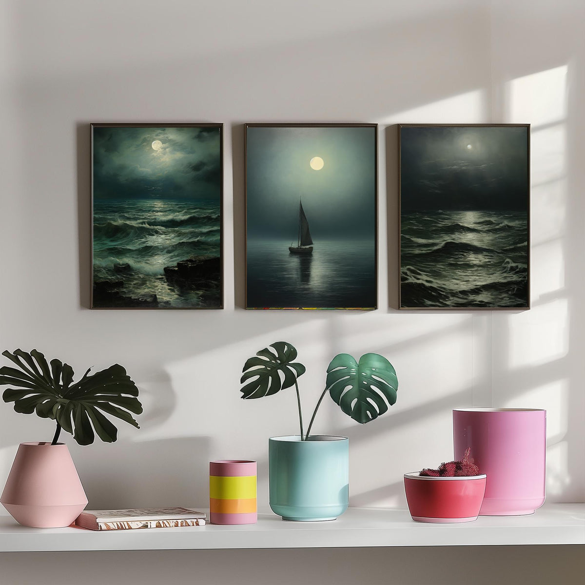 Moonlight Ocean Set of Three Art Prints - Moonlit Waves and a Lone Sailing Boat - Dark Seascape Painting Poster