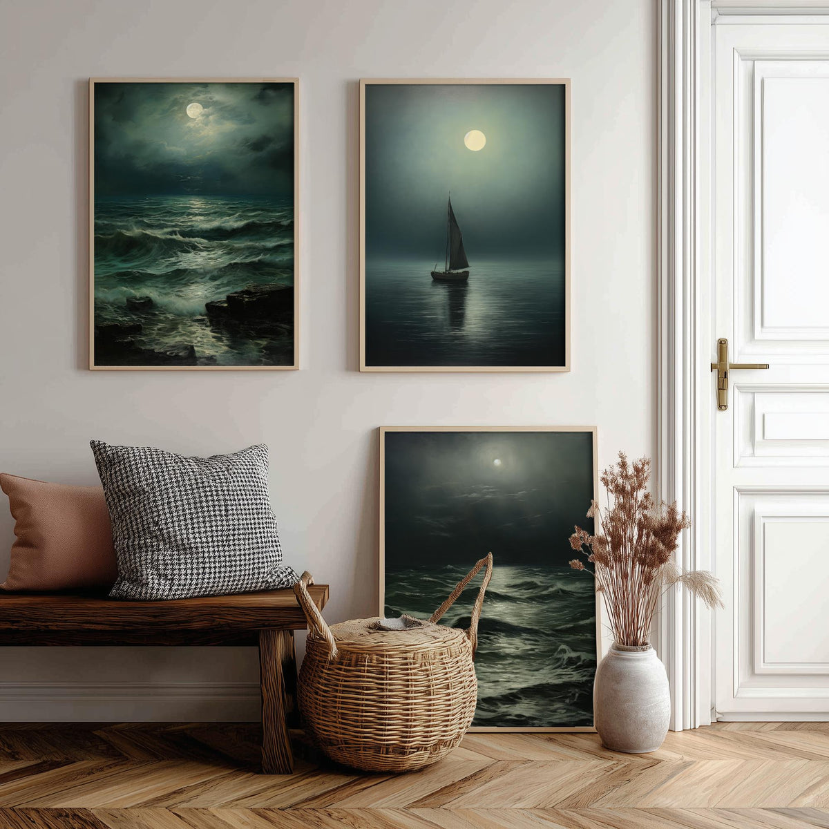 Moonlight Ocean Set of Three Art Prints - Moonlit Waves and a Lone Sailing Boat - Dark Seascape Painting Poster