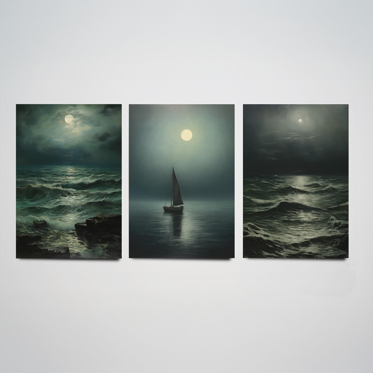 Moonlight Ocean Set of Three Art Prints - Moonlit Waves and a Lone Sailing Boat - Dark Seascape Painting Poster