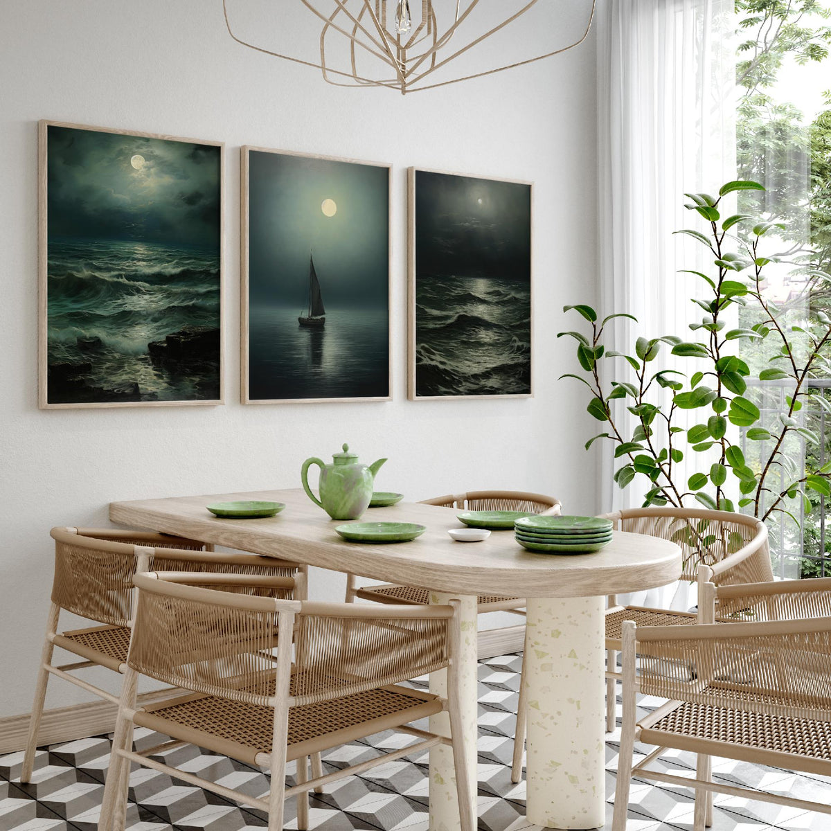 Moonlight Ocean Set of Three Art Prints - Moonlit Waves and a Lone Sailing Boat - Dark Seascape Painting Poster