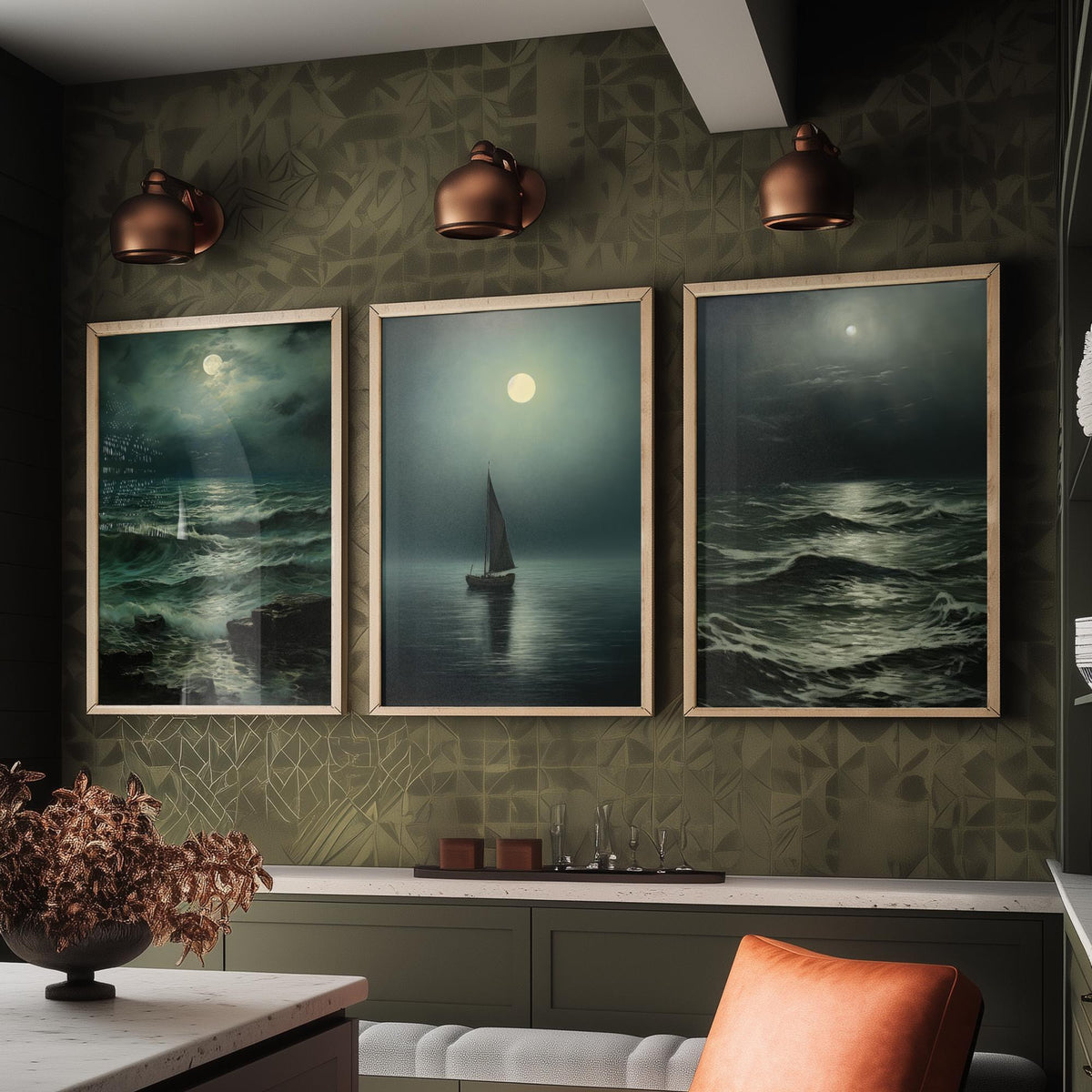 Moonlight Ocean Set of Three Art Prints - Moonlit Waves and a Lone Sailing Boat - Dark Seascape Painting Poster
