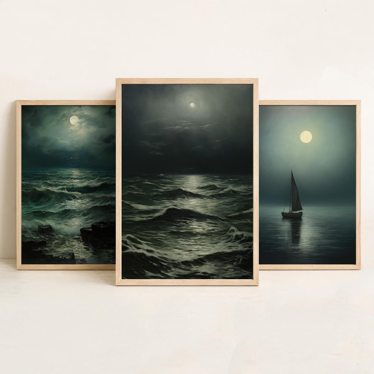 Moonlight Ocean Set of Three Art Prints - Moonlit Waves and a Lone Sailing Boat - Dark Seascape Painting Poster
