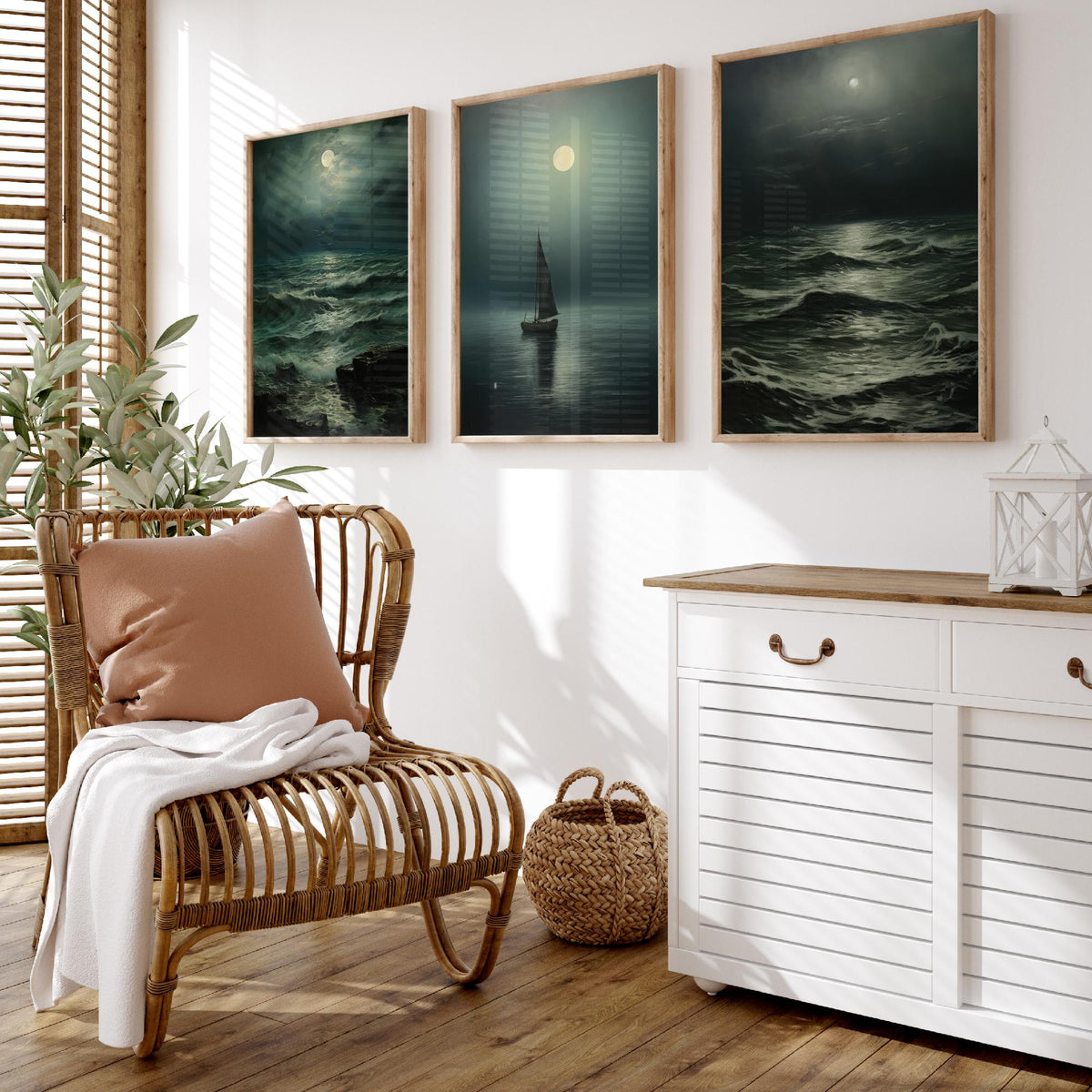 Moonlight Ocean Set of Three Art Prints - Moonlit Waves and a Lone Sailing Boat - Dark Seascape Painting Poster