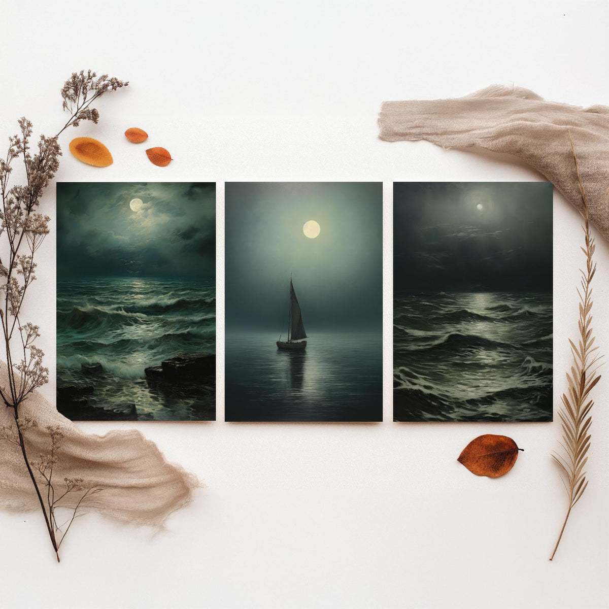 Moonlight Ocean Set of Three Art Prints - Moonlit Waves and a Lone Sailing Boat - Dark Seascape Painting Poster