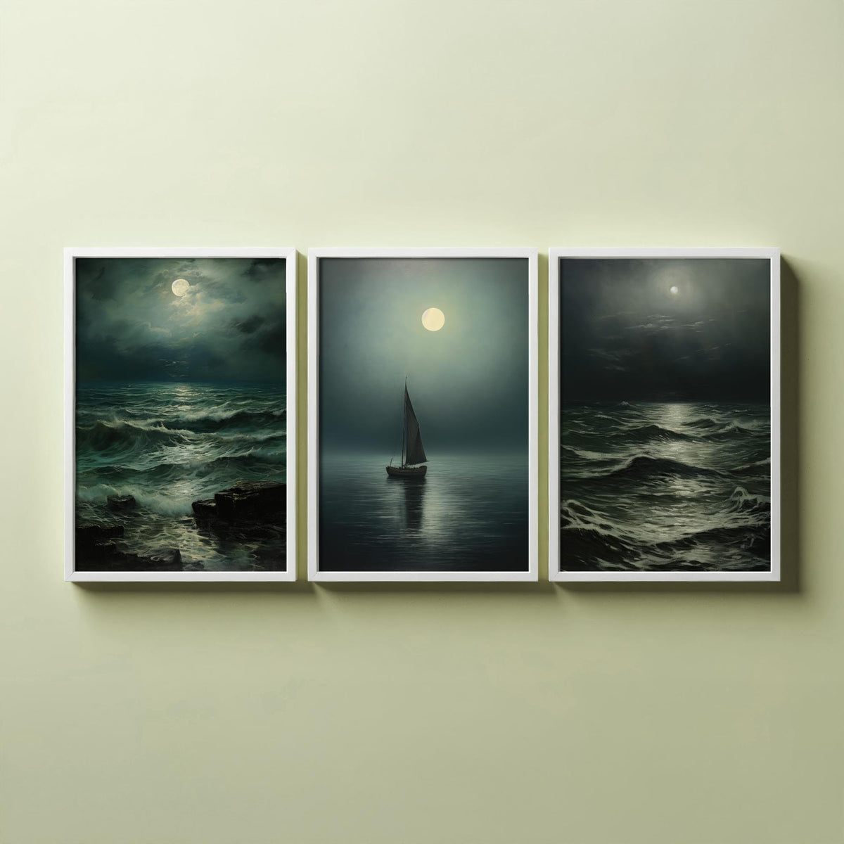 Moonlight Ocean Set of Three Art Prints - Moonlit Waves and a Lone Sailing Boat - Dark Seascape Painting Poster