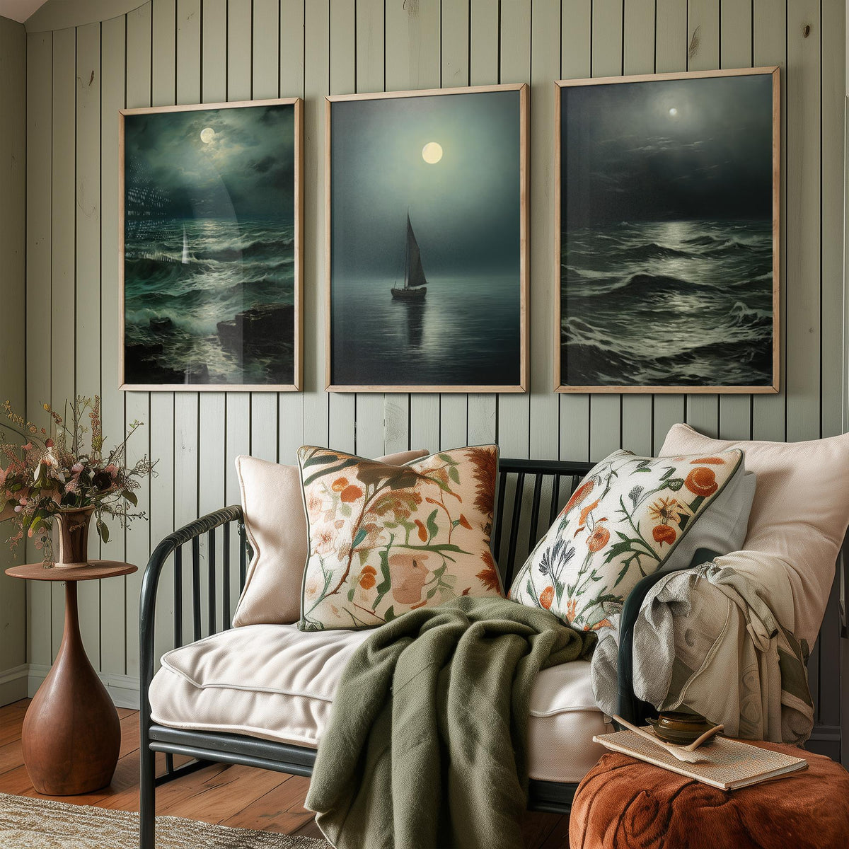Moonlight Ocean Set of Three Art Prints - Moonlit Waves and a Lone Sailing Boat - Dark Seascape Painting Poster