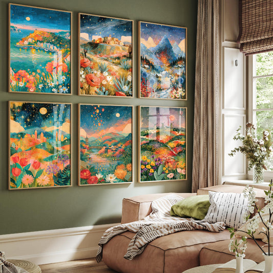 Set of Six Moonlit Wander Travel Paintings - 6 Starry Night Art Prints - Cornwall, Arizona, Zermatt, Tuscany, Kyoto, Norfolk - Folk Poster
