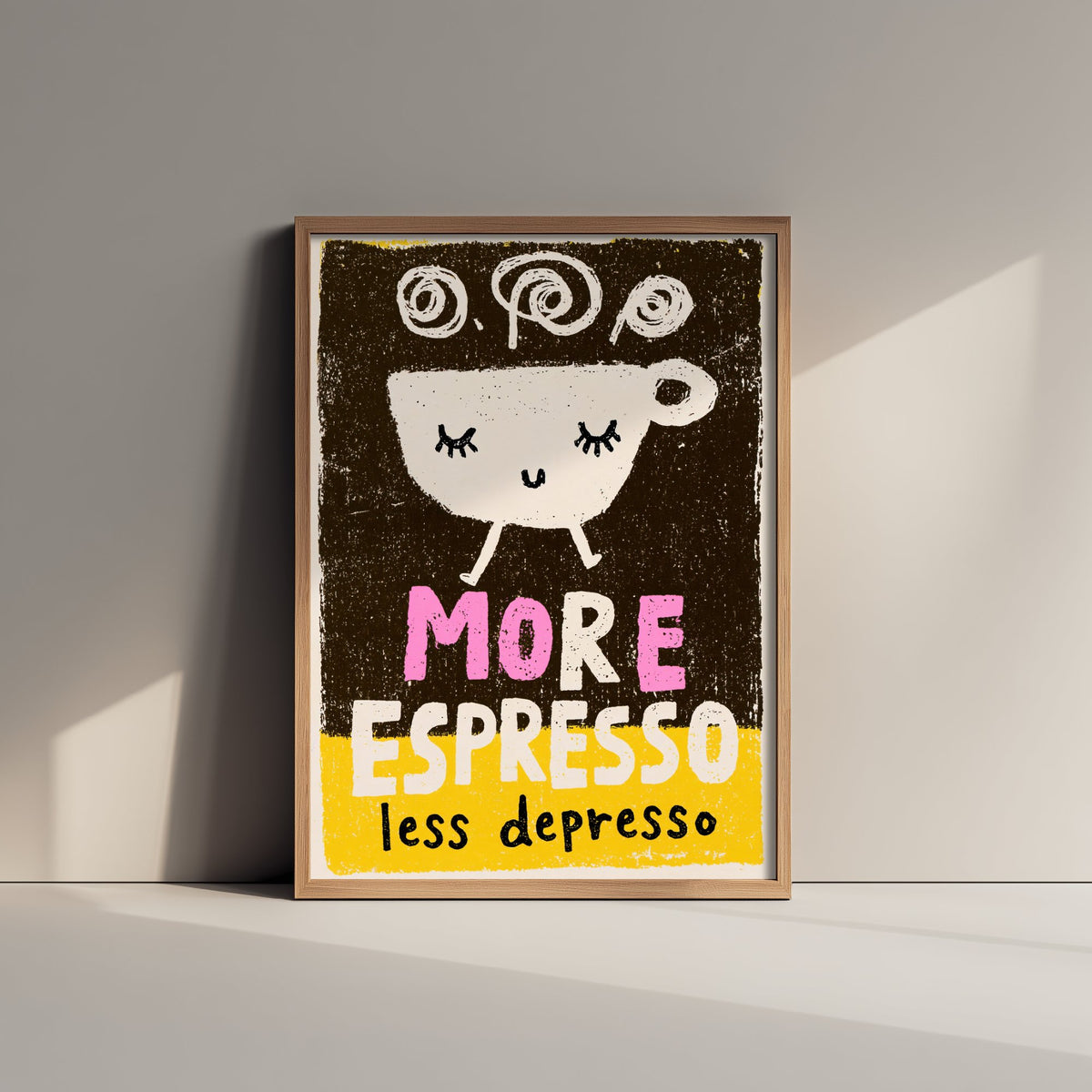 More Espresso Less Depresso Art Print - Walking Coffee Cup Poster - Black and Yellow Coffee Shop Illustration