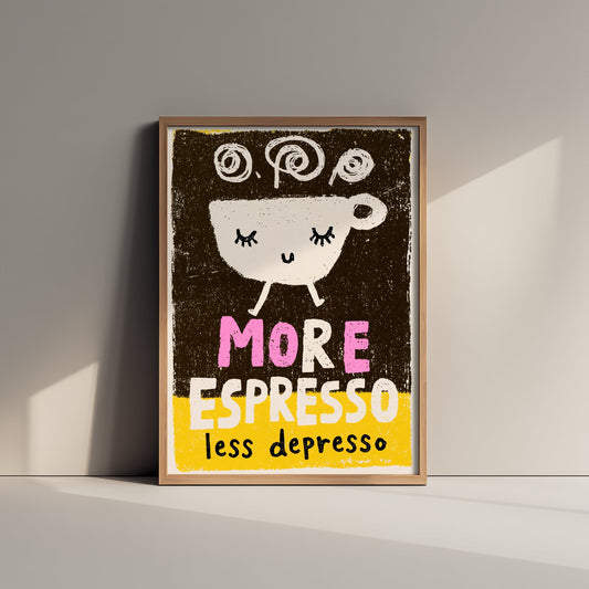 More Espresso Less Depresso Art Print - Walking Coffee Cup Poster - Black and Yellow Coffee Shop Illustration