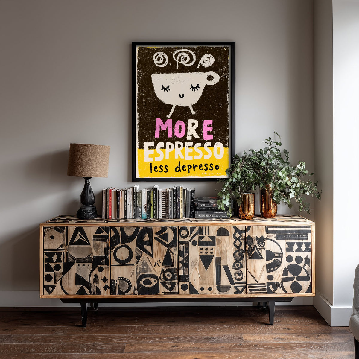 More Espresso Less Depresso Art Print - Walking Coffee Cup Poster - Black and Yellow Coffee Shop Illustration