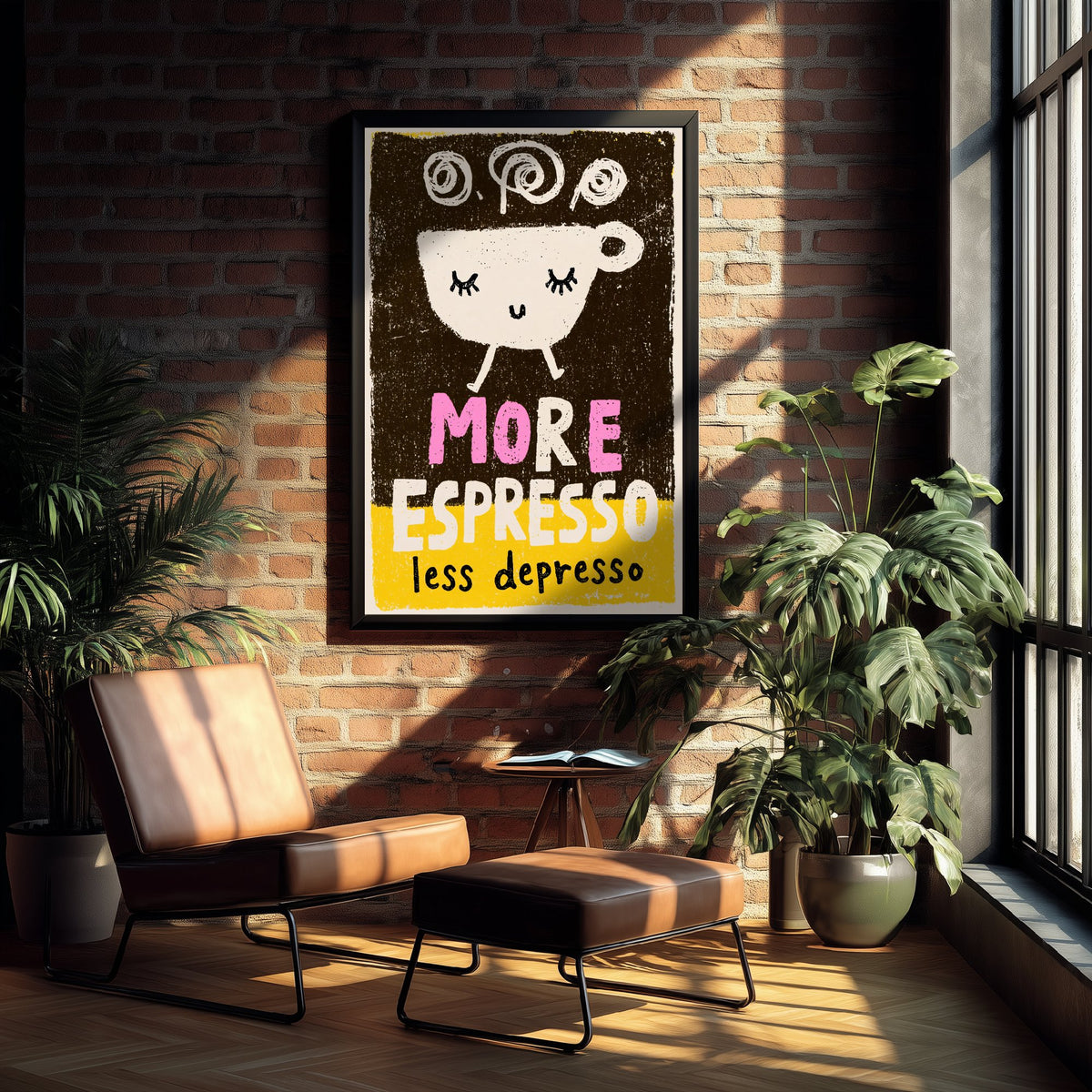 More Espresso Less Depresso Art Print - Walking Coffee Cup Poster - Black and Yellow Coffee Shop Illustration