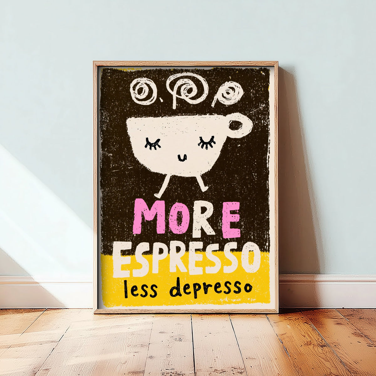 More Espresso Less Depresso Art Print - Walking Coffee Cup Poster - Black and Yellow Coffee Shop Illustration