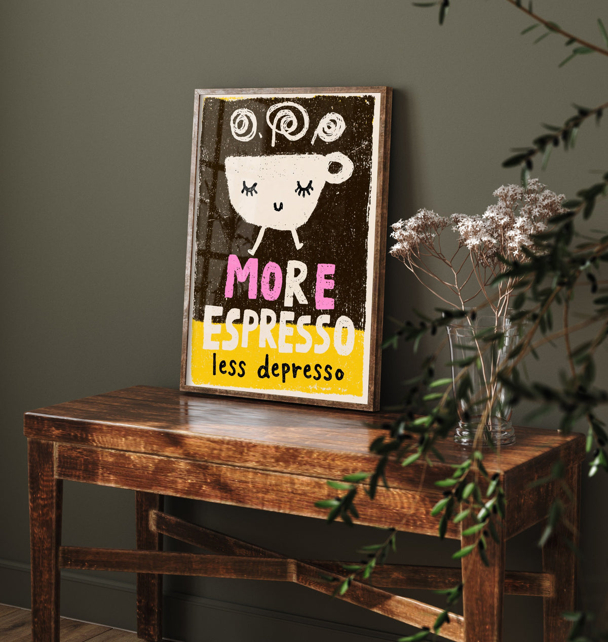More Espresso Less Depresso Art Print - Walking Coffee Cup Poster - Black and Yellow Coffee Shop Illustration