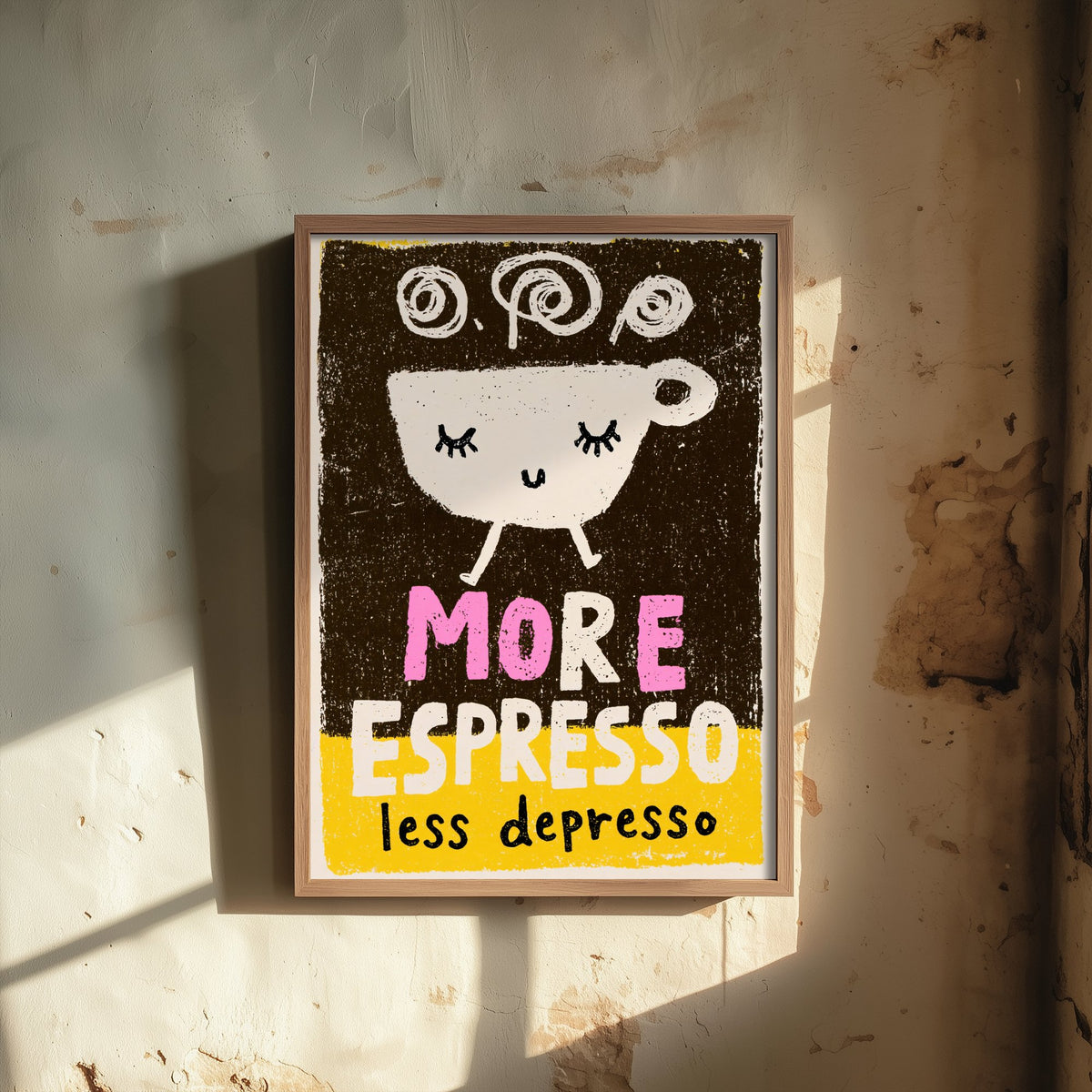 More Espresso Less Depresso Art Print - Walking Coffee Cup Poster - Black and Yellow Coffee Shop Illustration