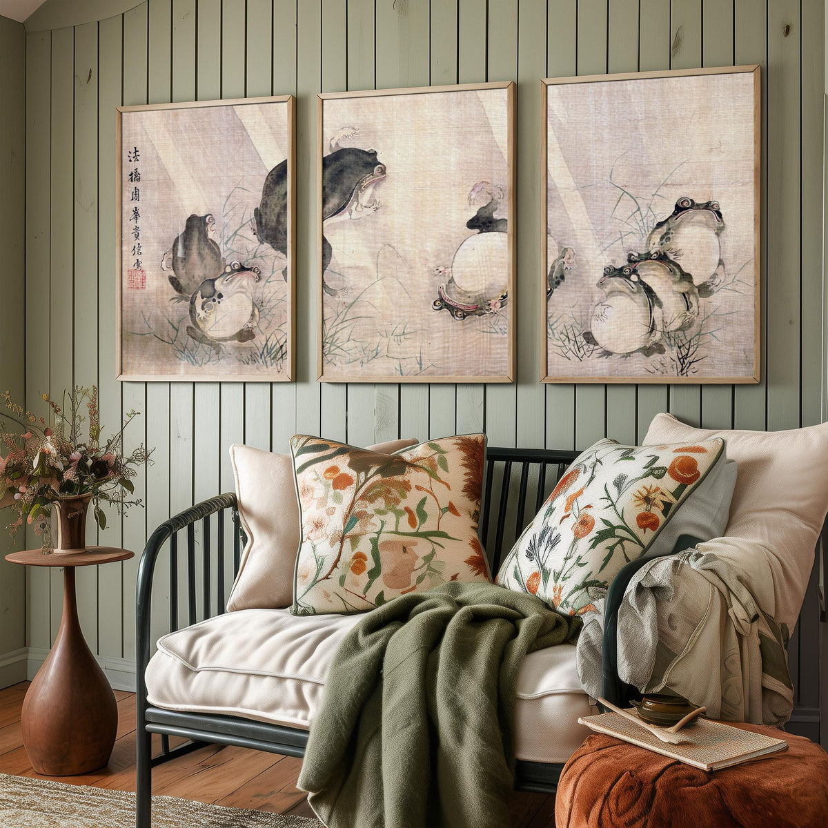 Mori Shuho Frogs Sumo Match Set of Three Art Prints - Japanese Edo Period Painting - Panoramic Frog Poster