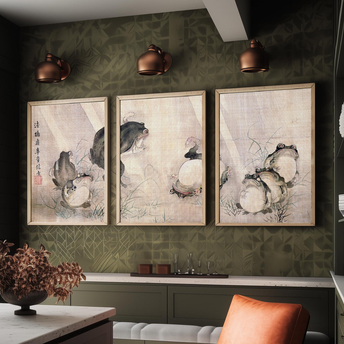 Mori Shuho Frogs Sumo Match Set of Three Art Prints - Japanese Edo Period Painting - Panoramic Frog Poster