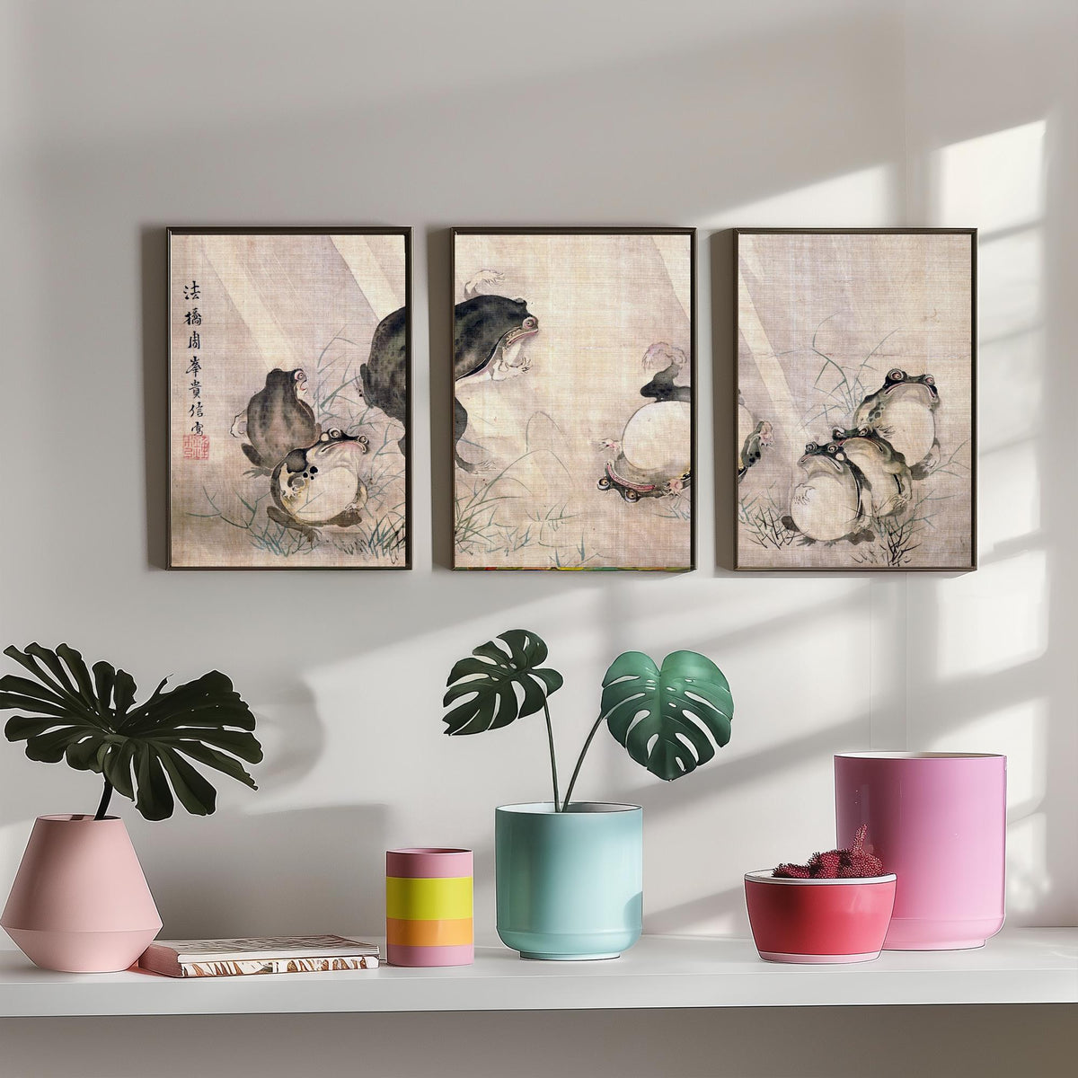 Mori Shuho Frogs Sumo Match Set of Three Art Prints - Japanese Edo Period Painting - Panoramic Frog Poster