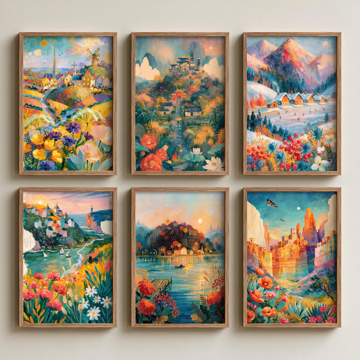Set of Six Morning Mist Travel Paintings - 6 Sunrise Folk Art Prints - Norfolk, Nikko, Alps, Cornwall, New England, Grand Canyon - Poster