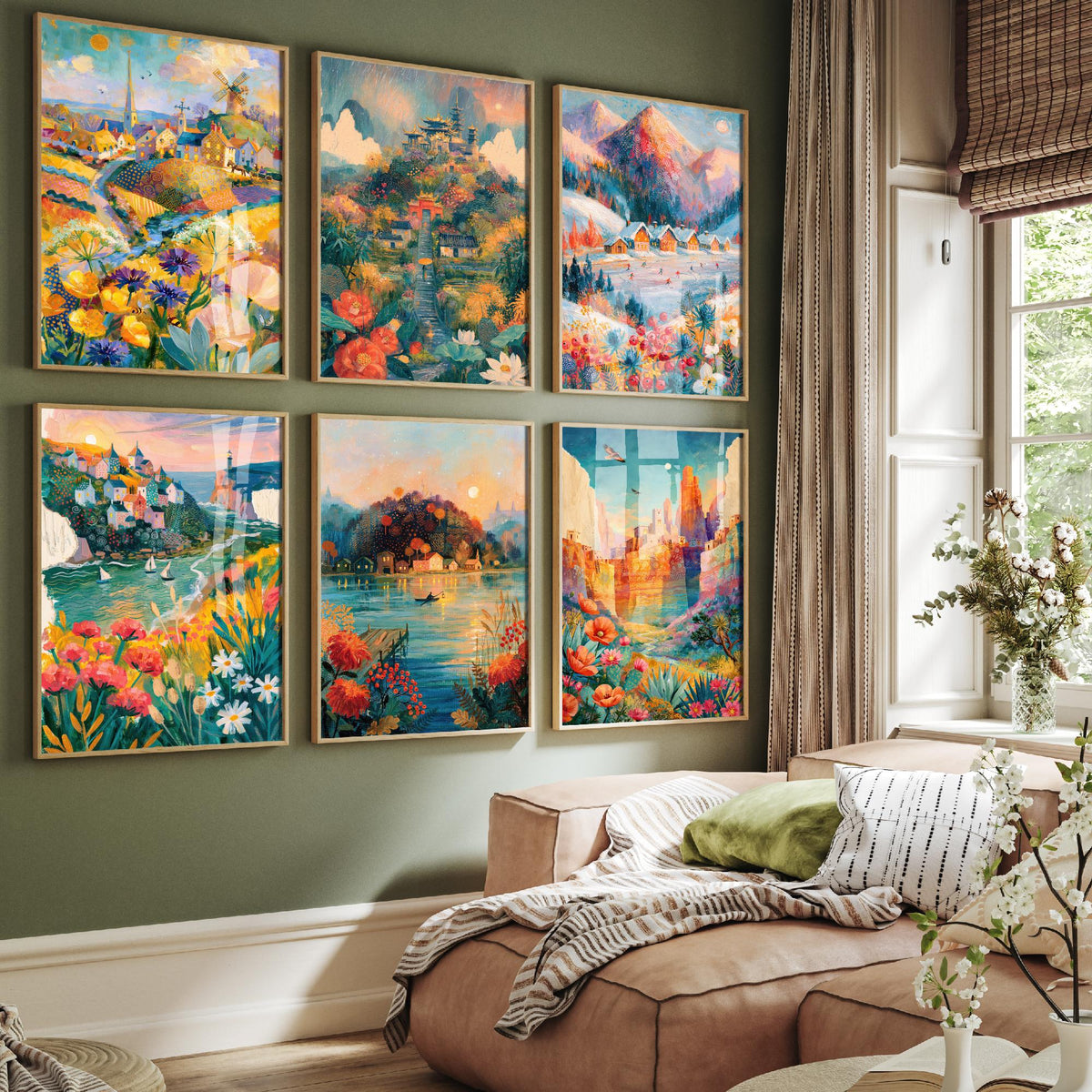 Set of Six Morning Mist Travel Paintings - 6 Sunrise Folk Art Prints - Norfolk, Nikko, Alps, Cornwall, New England, Grand Canyon - Poster
