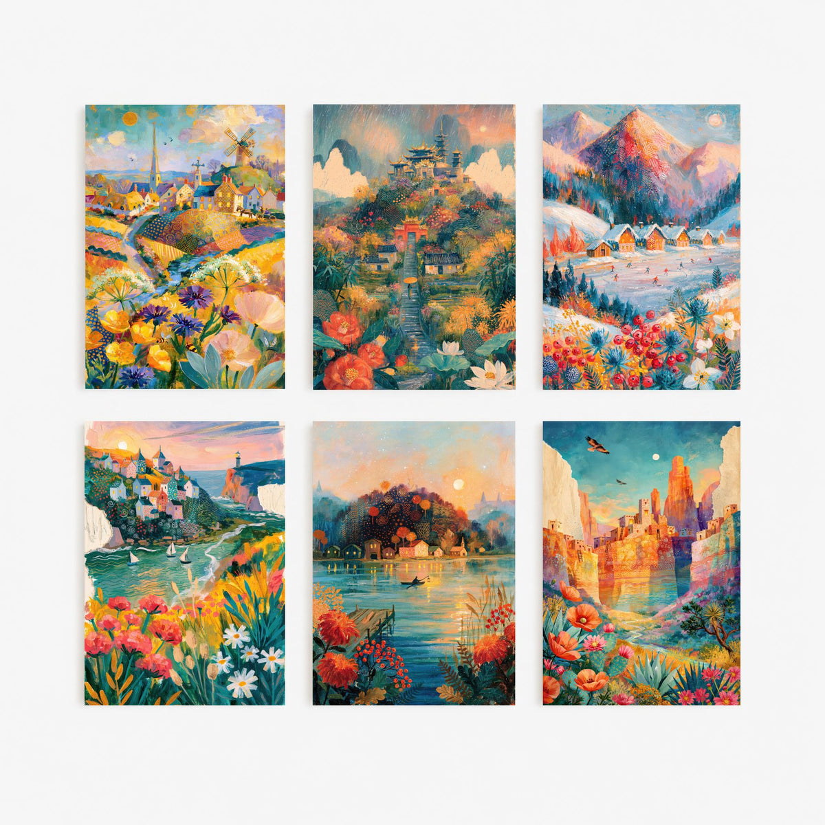 Set of Six Morning Mist Travel Paintings - 6 Sunrise Folk Art Prints - Norfolk, Nikko, Alps, Cornwall, New England, Grand Canyon - Poster