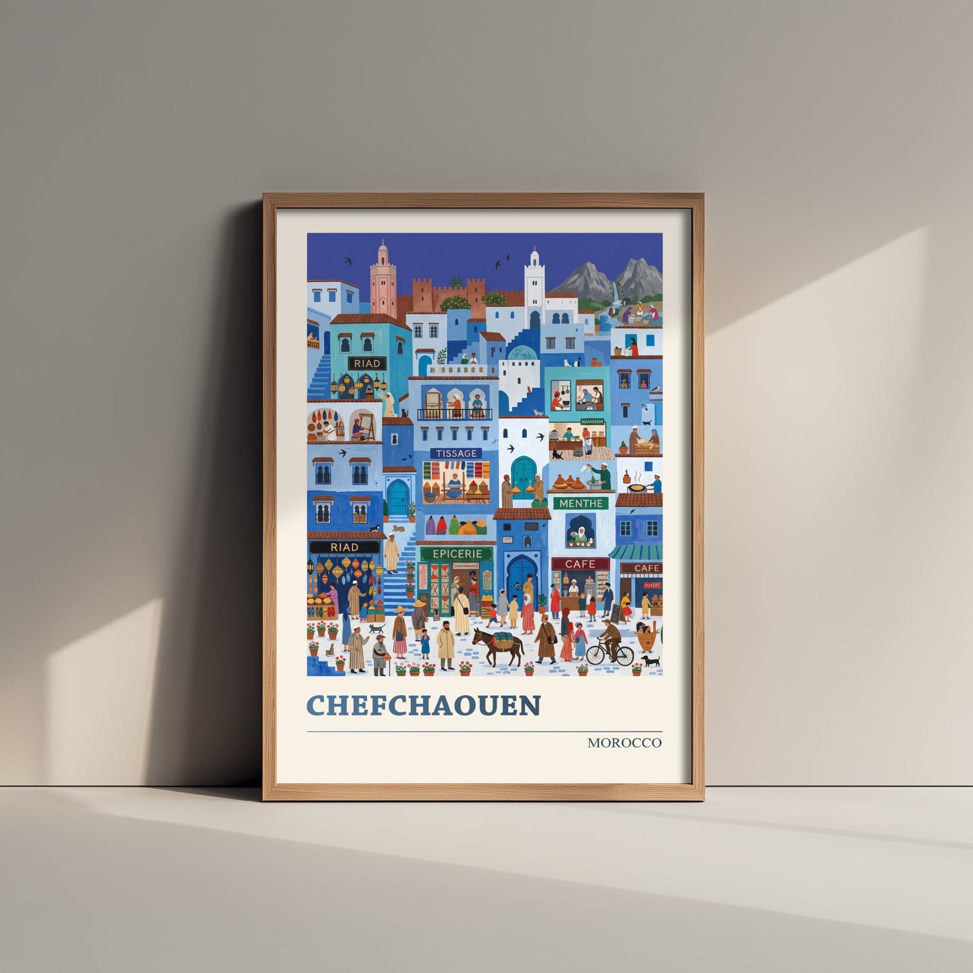 Chefchaouen Morocco Travel Poster - Blue City Folk Art Print - Medina Souk Illustration - Rif Mountains 1/3