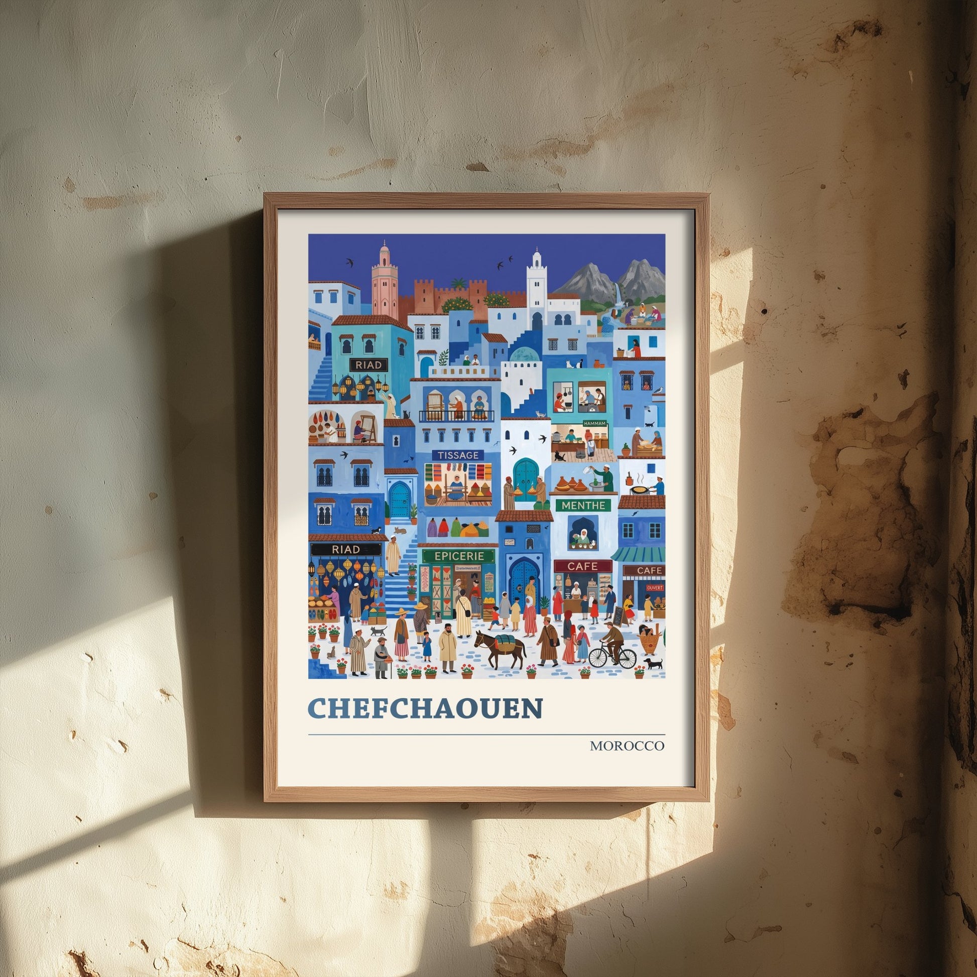 Chefchaouen Morocco Travel Poster - Blue City Folk Art Print - Medina Souk Illustration - Rif Mountains 1/3