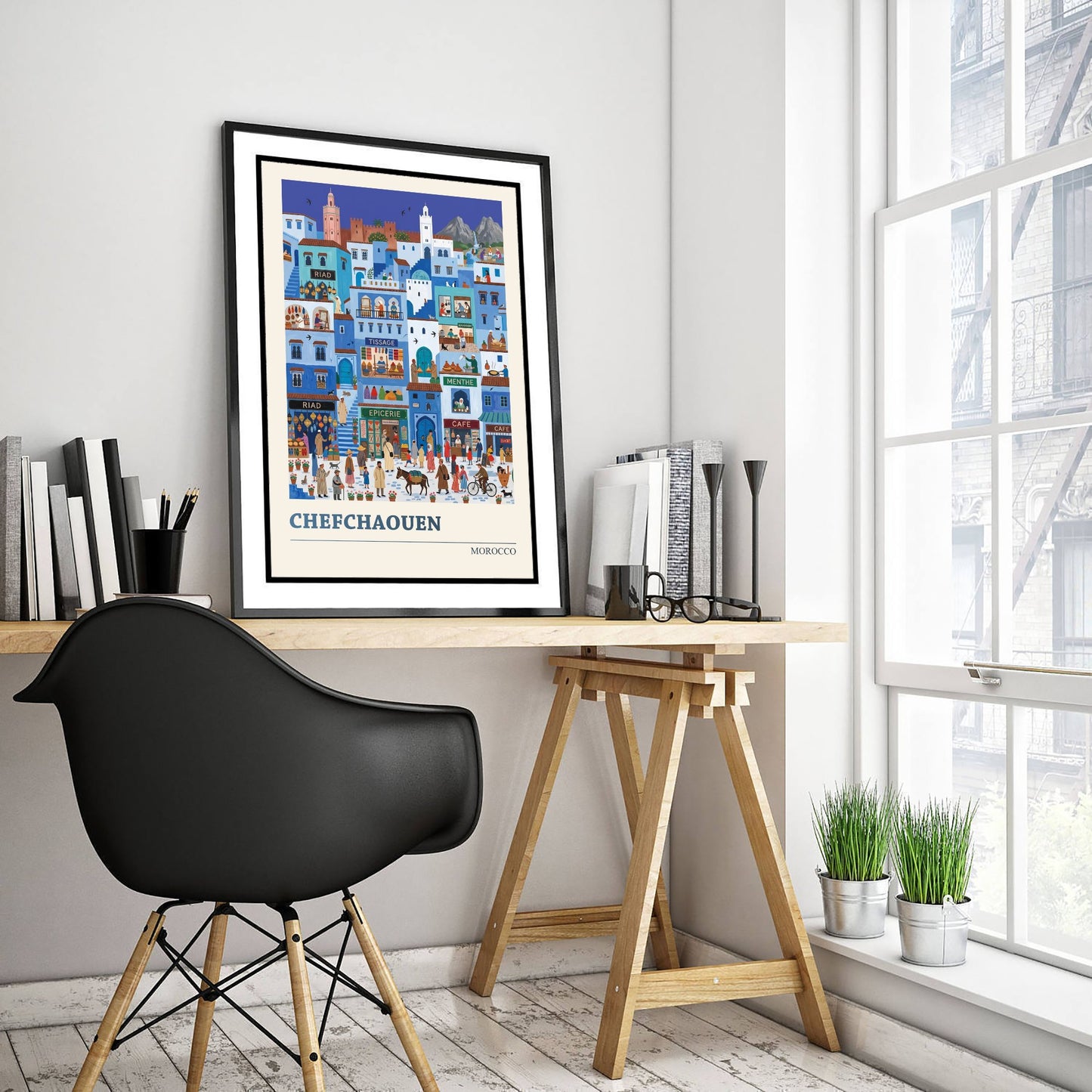 Chefchaouen Morocco Travel Poster - Blue City Folk Art Print - Medina Souk Illustration - Rif Mountains 1/3