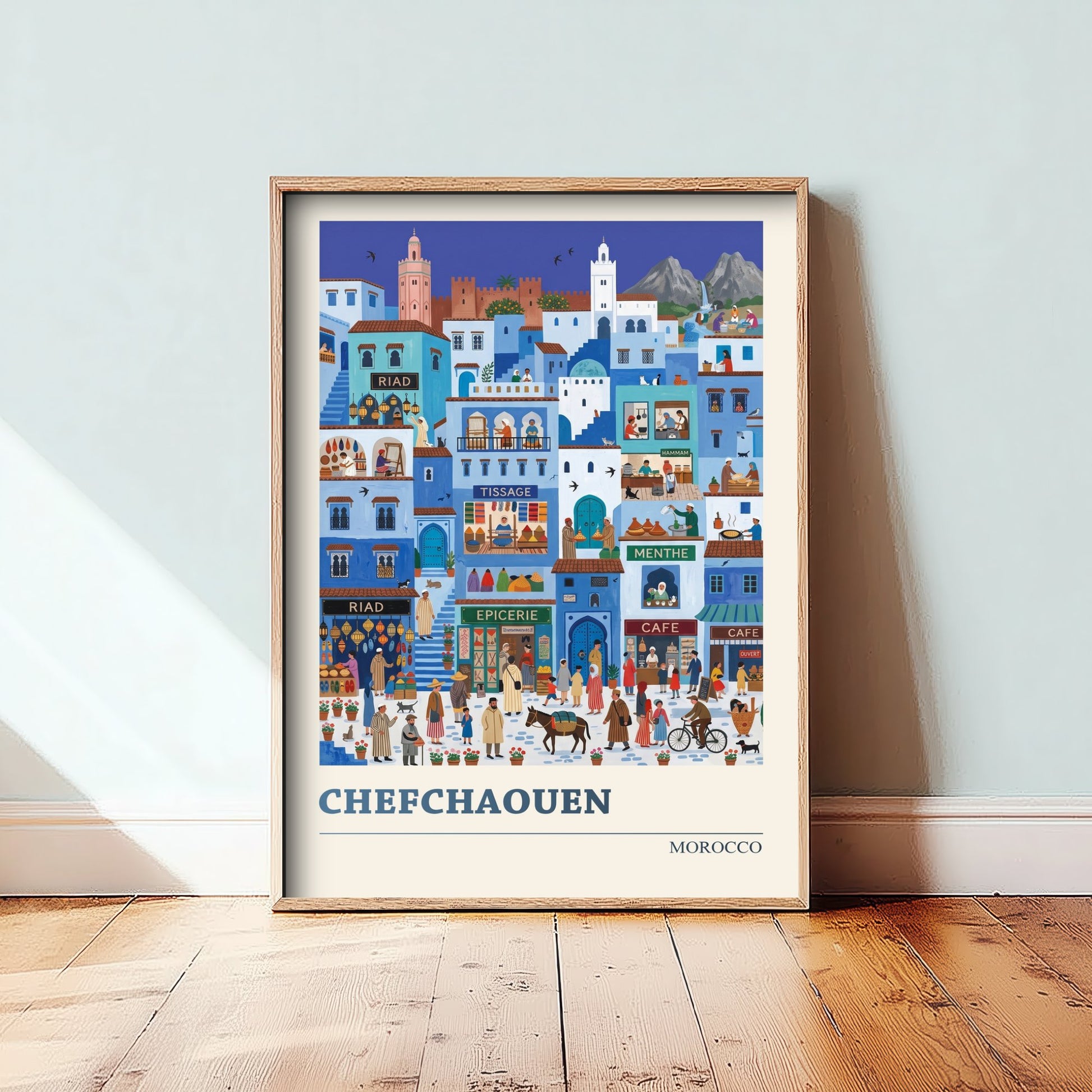 Chefchaouen Morocco Travel Poster - Blue City Folk Art Print - Medina Souk Illustration - Rif Mountains 1/3